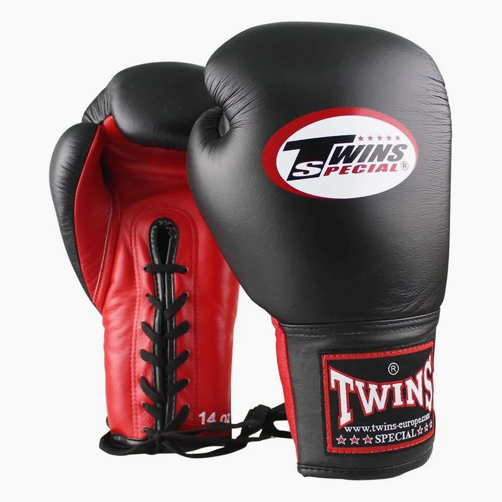Luvas de Muay Thai Twins Special BGLL-1 Preto-Vermelho com cordões - Image 2